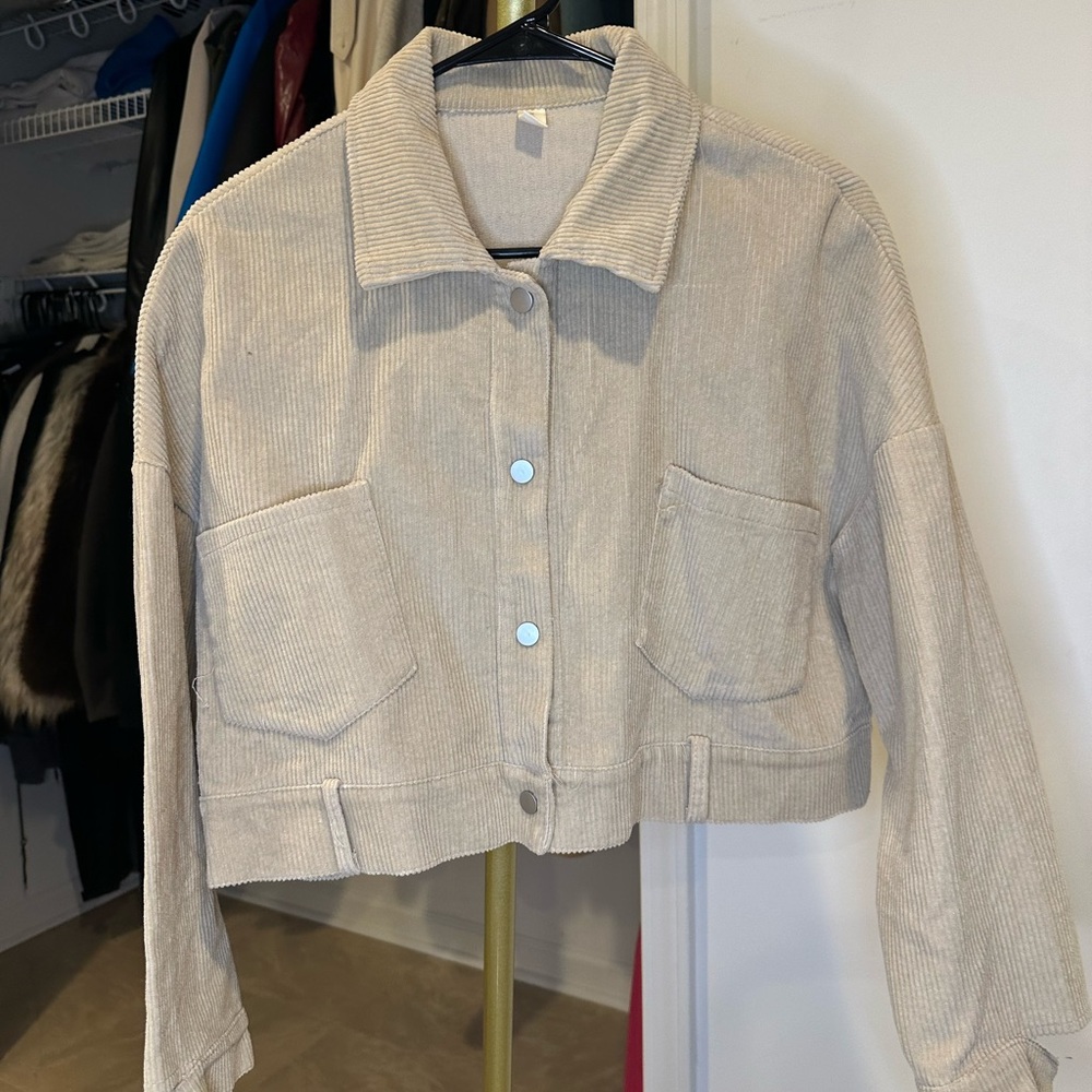 Women’s Tan Corduroy Collared Jacket with Button Up Front and Pockets